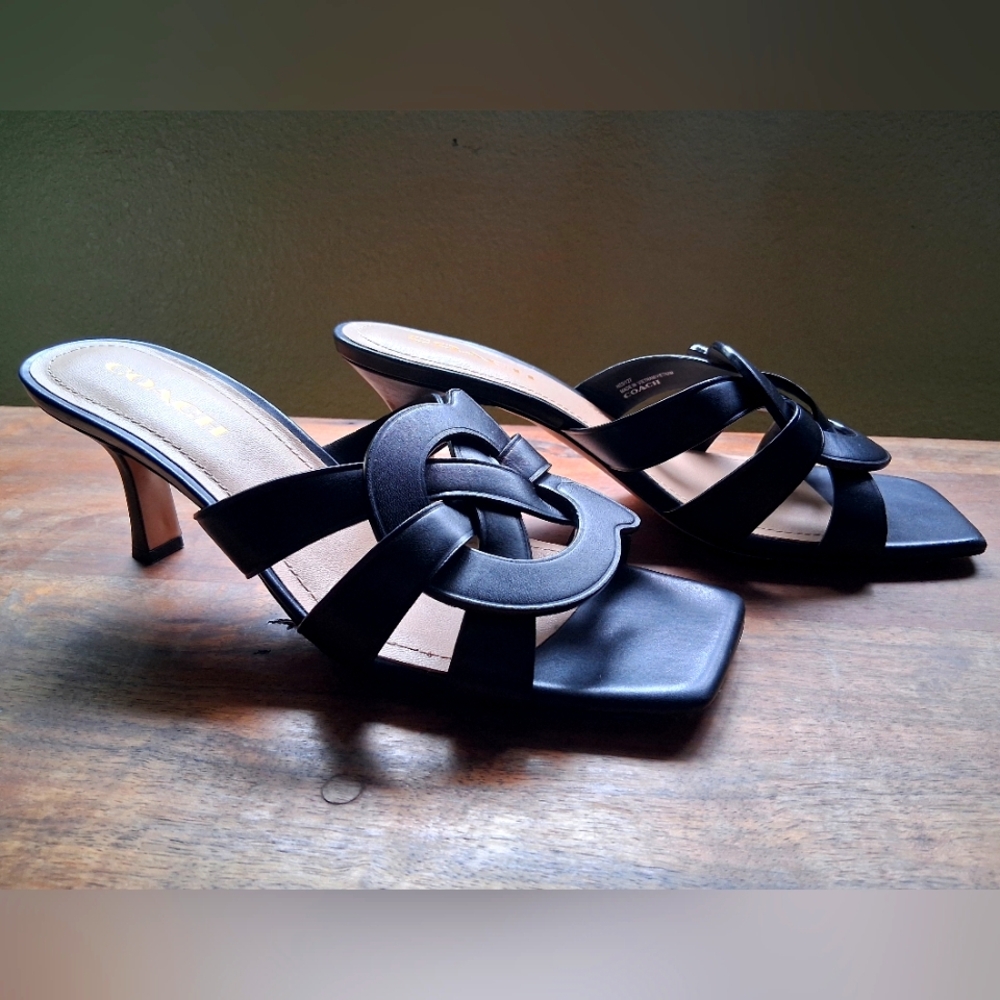 Coach Tillie Black Leather Slip On Strappy Sandals - Picture 7 of 9
